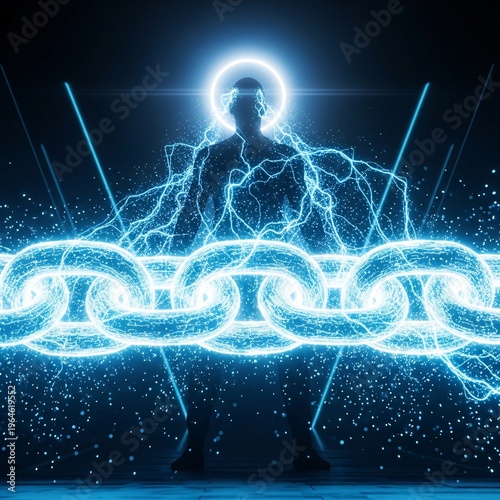 Glowing Chain Breaking with Human Shadow Power Transformation Concept, Energy Strength Success Background