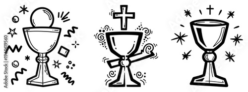 Holy communion chalice icons with eucharist host in stylized doodle style