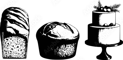 Black and White of Sliced Loaf Bread Round Loaf and Tiered Cake baking food
