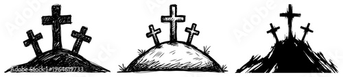 Calvary hill with three crosses for religious Easter theme in hand drawn sketch style