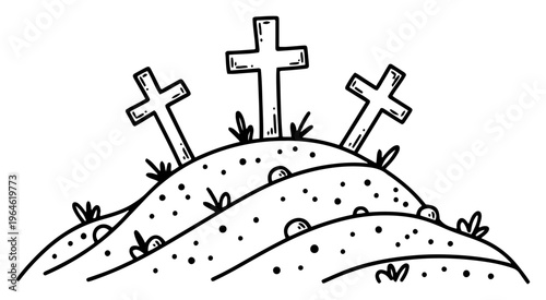 Three wooden crosses on a grassy hill for Easter holiday in cute doodle line art style