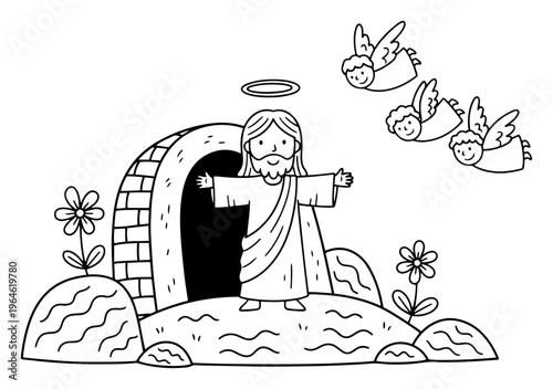 Jesus Christ rising from the tomb with angels for Easter celebration in cute cartoon style