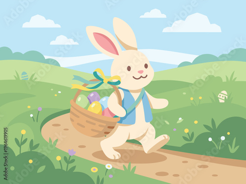 Cute Easter Bunny Carrying Basket of Eggs Through Spring Meadow.