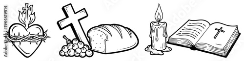 Christian religious icons including bible bread cross and sacred heart in clean line art style