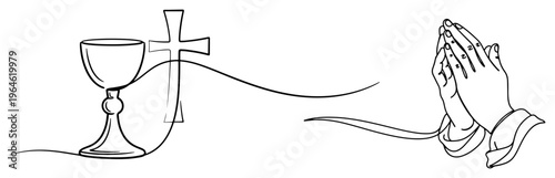 Praying hands with Christian cross and holy chalice in continuous line drawing style