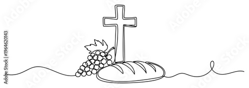 Christian cross with bread and grapes in minimalist continuous one line art style