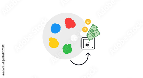 Monetizing Creativity: Art Palette to Money Payout Icon. Creative Business Revenue, Design Income, and Royalty Earnings Concept.