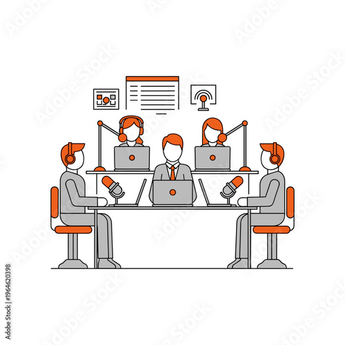 Podcast recording session with five people, microphones, laptops, and screens.