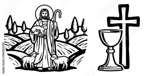 Jesus as good shepherd with lambs and communion chalice in linocut style