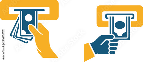 Hand withdrawing cash from ATM slot icon, banking and financial transaction concept vector