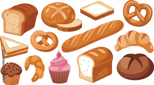 Cartoon bread vector set with sweet pastry bun, cupcake, croissant, donut, grain loaf, toast, bagel, French baguette, bakery products