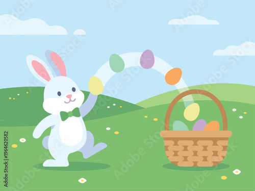 Cute Easter Bunny Delivering Colorful Eggs to Basket in Spring Meadow.