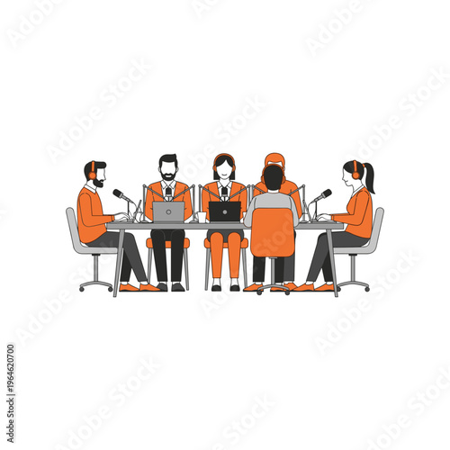 Podcast studio setup with people recording audio at microphones and computers.