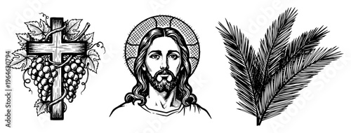 Jesus Christ portrait with grapevine cross and palm branches in vintage engraving style