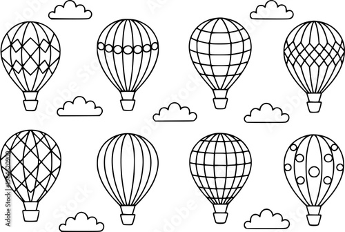 Black outline hot air balloons and clouds seamless pattern white background hotair