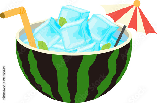 Iced watermelon bowl with straw and umbrella