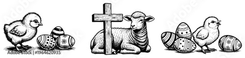 Easter lamb with cross and little chicks near patterned eggs in hatching engraving style