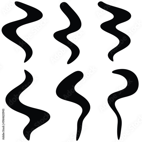 Stylized black abstract smoke wisps on transparent background, design elements.