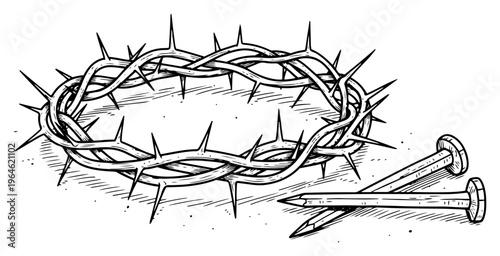 Crown of thorns and metal nails representing the passion of Christ in vintage engraving style