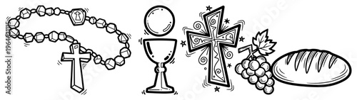 Christian religious symbols including rosary chalice bread and grapes in hand drawn sketchy style