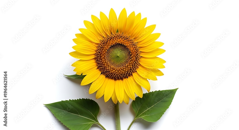 Fototapeta premium Single yellow sunflower with green leaves isolated on white background in centered composition.