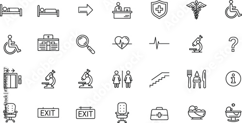 Healthcare hospital facility vector icon set with medical symbols and office signage elements for digital use