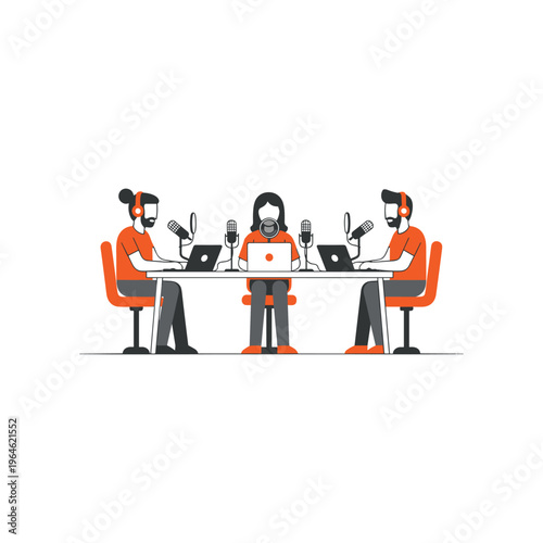 Three people recording podcast conversation at table with microphones and laptops.