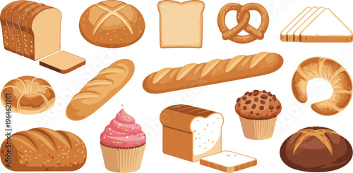 Cartoon bread vector set with sweet pastry bun, cupcake, croissant, donut, grain loaf, toast, bagel, French baguette, bakery products