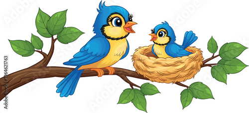 Cute cartoon birds on tree branch with nest and baby chick nature wildlife illustration for kids education and design