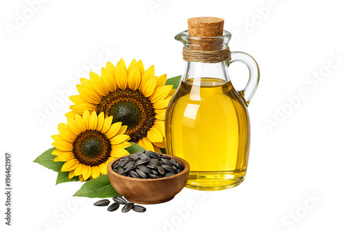Sunflower oil and seeds with flowers in a glass jug and wooden bowl