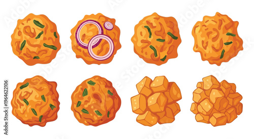 A digital illustration of various fried food items arranged in rows on a white background