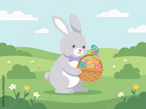 Cute Easter Bunny Holding Basket of Colorful Eggs in Spring Meadow.