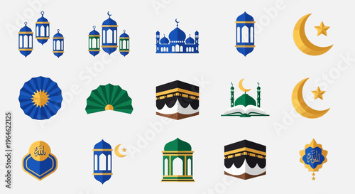 Islamic Icon Set for Ramadan and Eid Mubarak Celebration, Vector Illustration featuring Mosque, Lanterns, Crescent Moon, and Kaaba Symbols