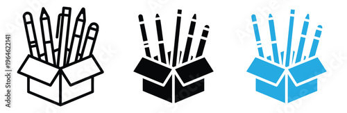 Pencils in a box icon set for education and office supplies