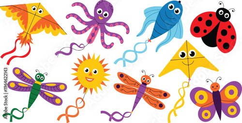Kite designs vector set featuring cartoon flying toys shaped like ladybug, butterfly, fish, bird, octopus, dragonfly for Makar Sankranti festival