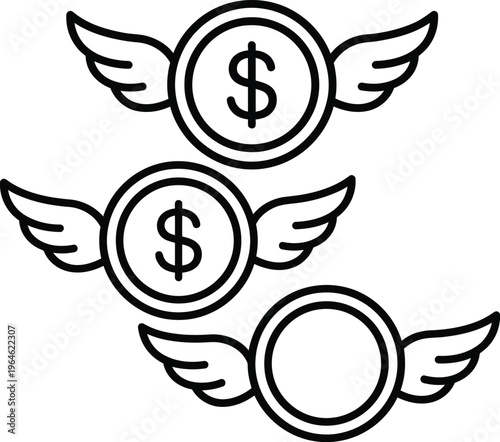 Vector graphic of flying dollar coins with wings, financial success illustration