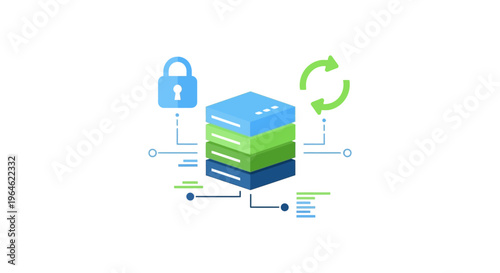 Data Security, Server Protection and Synchronization Illustration. Secure Database Storage and System Backup Concept.