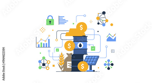 Global Commodity Trading Concept: Financial Assets, Oil, Gold, Wheat, and Renewable Energy Markets Interconnected by Data Analytics and Secure Investment.