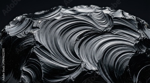 Macro close-up of black obsidian volcanic glass showing sharp conchoidal fracture patterns