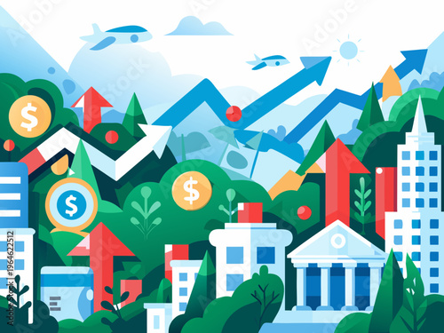 Financial growth and success illustrated with upward trending arrows and buildings
