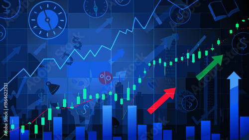 Financial growth and market trends visualized with charts and city skyline