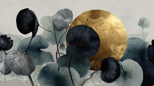 Stylized botanical forms featuring dark foliage against a textured gold circle dominate the scene.