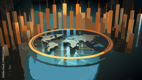 Abstract world map display within a geometric architectural structure