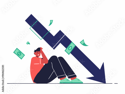 A person sits dejected as money falls around a large downward arrow