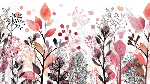 Decorative border composition features stylized botanical elements in shades of pink and black