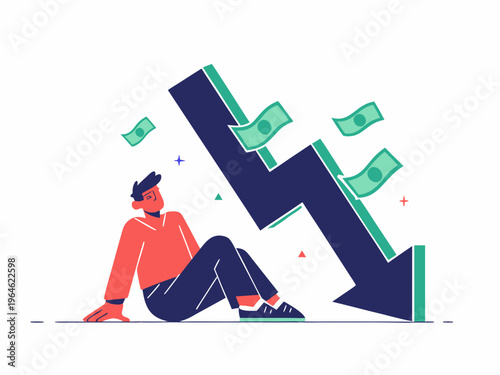 Man overwhelmed by a large downward trending arrow and falling money