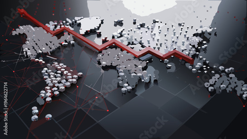 Global economic decline represented by a red declining graph over a world map