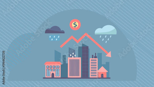 Economic downturn illustrated with a declining graph over a cityscape