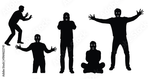 Surprise reaction vector silhouettes for shocked emotion, dramatic body language, expressive gesture and human communication design