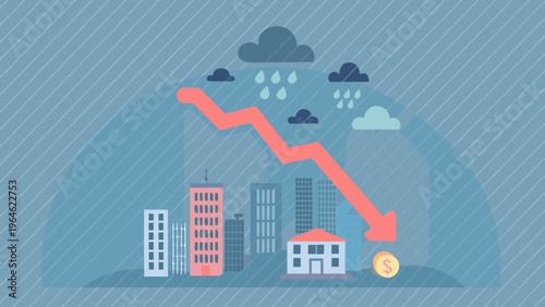Economic downturn illustrated with a declining graph over a cityscape